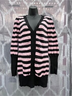 Dkny Black and Pink Striped V-Neck Sweater